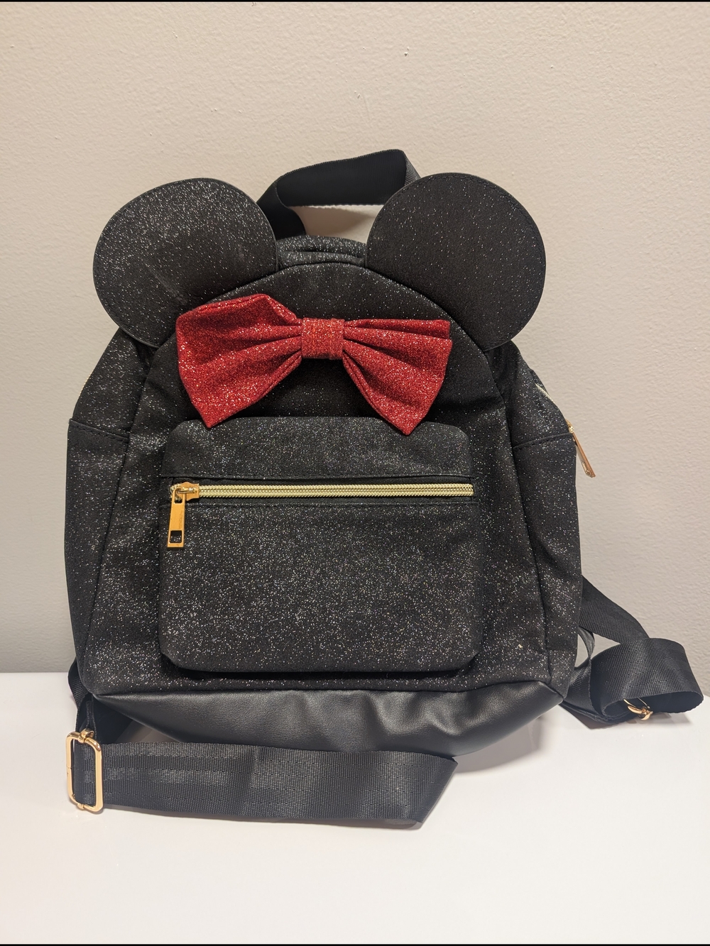 Bioworld Black Glitter Backpack with Red Bow and Minnie mouse Ear Details